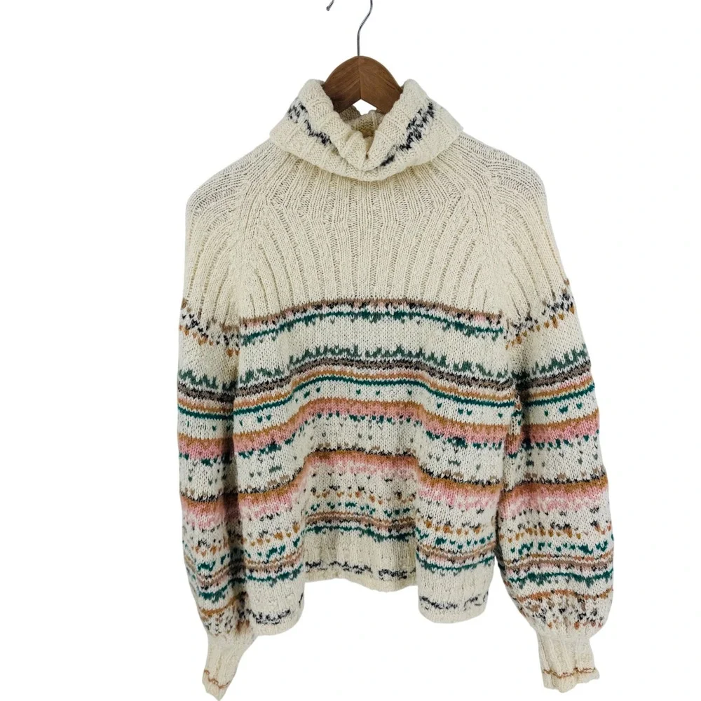 Pilcro Anthropologie Chunky Knit Fair Isle‎ Turtleneck Cream Size L Cozy Cottage
